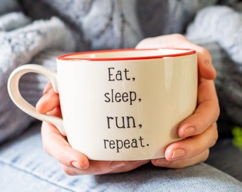 Eat, sleep, run, repeat handmade mug gift for runner, running themed present