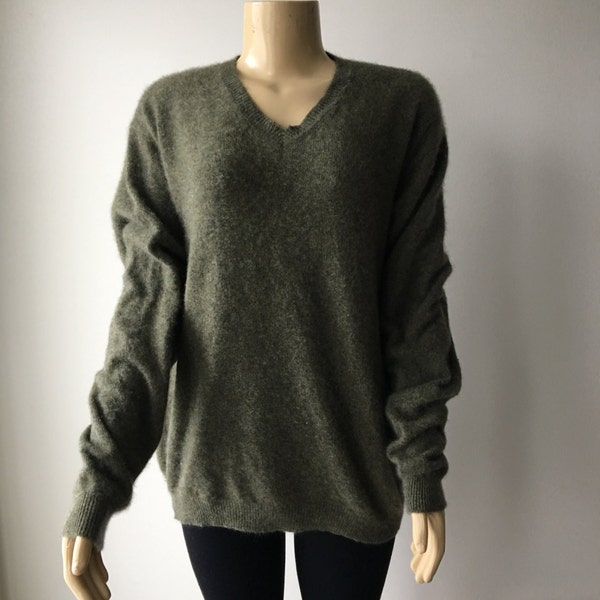 Mongolian cashmere sweater olive green pullover  fuzzy soft thick V neck long sleeves unisex  chest 50"