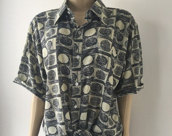 70s MOD shirt, Geometric Art print,  Modern Casual Button up,   Made in Italy,  Gift,  chest 47"