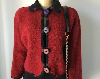 Red boucle jacket, 90s textured nubby knit ,leather buttons, bangle length sleeves ,unlined  , Casual knit jacket ,Norah Curtis