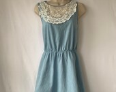 80 39 s Denim Lace Jean dress Pale blue Chambray Cotton , white lace inset ,Elastic waist Sleeveless Summer Sundress Garden party Size medium