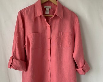 90s flax linen Blouse Jones New York Minimal Button down Long sleeve Pocket shirt Dusty Rose  Blouse Boho Preppy Hipster Plus size chest 46"