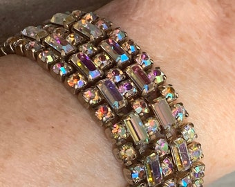 SHERMAN 1950s bracelet, wide 5 Row Aurora Borealis Austrian Crystal Rhinestones ,Box Clasp Security Chain closing, Collectible  Jewelry,