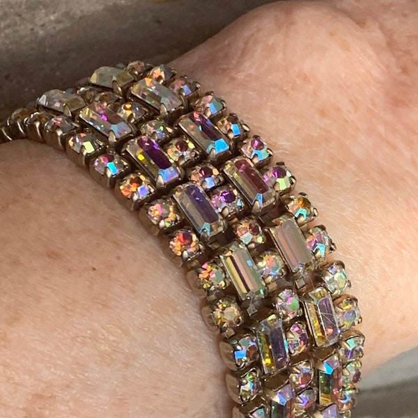 SHERMAN 1950s bracelet, wide 5 Row Aurora Borealis Austrian Crystal Rhinestones ,Box Clasp Security Chain closing, Collectible  Jewelry,