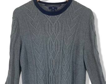 Grey cable knit sweater, Vintage GAP Soft cotton pullover, Grey with blue trim, crew neck , long sleeves, preppy