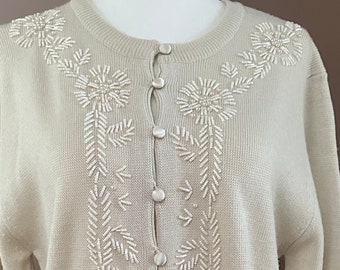 Vintage Ivory Beaded Cardigan, Wool blend Button Up Sweater, 80's Pearl White Glass Beaded Sweater,