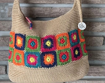 Boho Tan Crochet Bag, Vintage Granny Square Bag/purse, Crochet shoulder bag, Crochet tote Bag, boho Hippie Bag, Gift for Her, Granny square