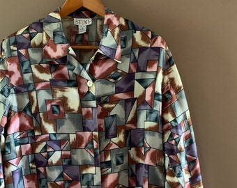 Vintage Silk  blouse, Geometric Stained Glass Style print,  Modern Minimal LONG Sleeve Shirt , Casual lightweight shirt, Office wear