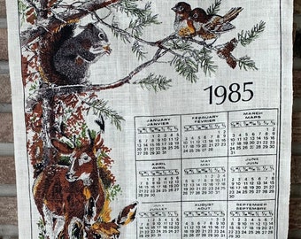Vintage Linen Tea Towel: 1985 Forest Animal Calendar Wall Hanging