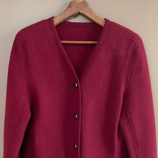 90s  boiled wool jacket, Metal Buttons up front, Great layering piece, Berry colored cardigan,  Size: Women's Small/Med  bust 38" ,