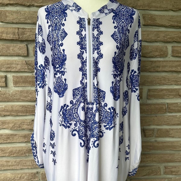 Silky tunic top, stretchy long Plus size blouse, Blue Baroque print on white, summer cruise wear, Garden party top , Boho chic