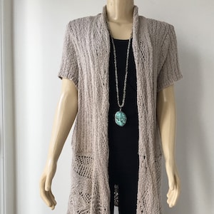 Crochet knit Cardigan Duster sweater, Open front, taupe  color Cotton lace, Long loose drape, Short sleeves, Woolrich ,size XL to 2XL, gift