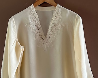 Sheer Silk Lace front blouse, Pastel yellow, Floral Romantic Blouse, long sleeves, Slip on top