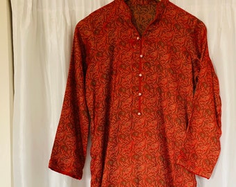 Handmade KURTA tunic dress, Scarlet red Tunic dress, Indian Jacquard print ,Long sleeves ,Slip on ,Long side slits, chest 40"