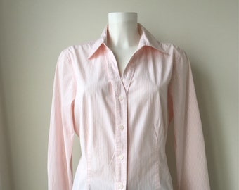 Pink cotton shirt  White stripes Fitted Button up shirt Preppy plus size women Open collar Long sleeves Plus size XL Gap