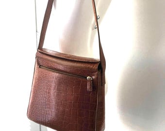 Rich Brown Leather 80s crocodile embossed pure leather shoulder bag, elegant , classic mid century