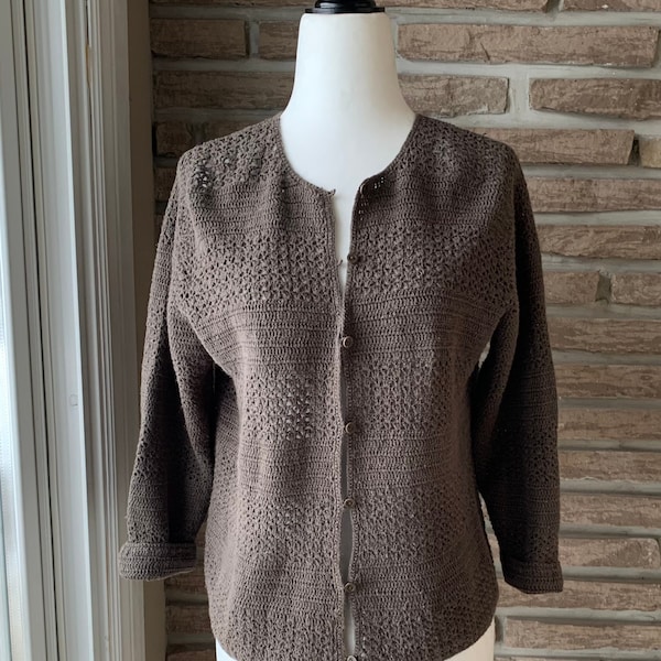 Hand crocheted top, Linen cotton Rustic knit, coca Brown Sweater, Boxy fit,  Button up, Bohemian knitwear, size M/L