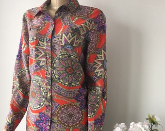 Long sleeves, Button up blouse,  Mandala print Shirt, Van Heusen Vintage 80s,  casual shirt, Modern boho chic, size M chest 40"