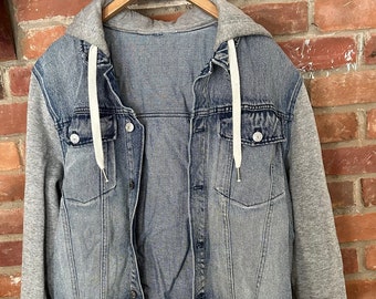 Hooded Blue Jean Jacket Denim and Fleece Combination Casual Streetwear Plus Size Unisex Etsy