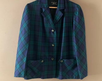 Vintage 90s tartan plaid blazer, Black Watch Tartan plaid , Women's plaid wool Blazer,  Tartan plaid jacket, satin Lined , 2 pocket blazer