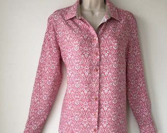 Vintage floral blouse Rose color button up shirt semi-tailored long sleeves made in Spain soft viscose womens shirt gift for her chest 40"