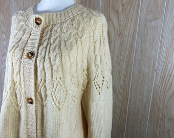 Hand Knit Cream Cardigan Sweater, Cable & Cutout Design, Tortoise Buttons, chest 48"