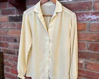 Vintage lemon yellow sheer blouse, Crinkled lightweight blouse, front buttons, long cuffed sleeves, Day wear,office wear, bust 36in