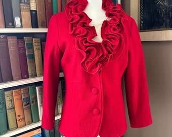 Vintage 80s Red boiled wool Jacket, Flutter collar, large front buttons, tailored, light shoulder padding,