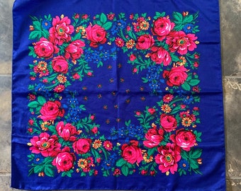 Vintage Folk scarf, Royal blue with Bright pink red peonies , easy care synthetic, casual boho floral gypsy scarf,