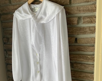 Vintage Satin Jacquard Blouse, 80s Silky white embossed top, sailor collar, tie front , Long Sleeve, Button Up , padded shoulders