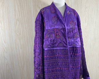 Embroidered satin jacket,  3X, Royal purple quilted, Diane Gilman , gold thread paisley floral designs, hook front closure, lined