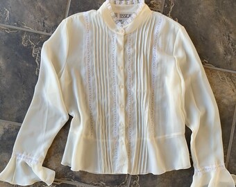 Ivory Cream Pintuck-pleated Blouse Lace details High neck Front buttons Flutter sleeves Romantic women/'s Large Chest 42