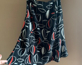 Vintage  MOD skirt, Minimal Square head scarf, Atomic Print, all season, A-line Midi skirt, side zipper, waist 34", Viscose, Lined