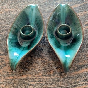 Vintage Blue Mountain Pottery Candlestick Holders: Drip Glaze Set