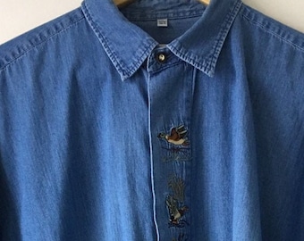 Oversize Trachten shirt ,embroidered ,chambray Denim shirt, German Bavarian, Embroidered Ducks, Hunting Country shirt ,Mens L / XL