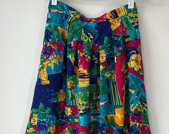 Midi Print Skirt , Vintage 80s, colorful prints , High Waist, Elastic back, Pockets, Side slits ,Front pleats,  Size 18