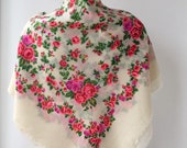 Wool scarf Russian Ukrainian folk scarf Fringed 70s Floral Wedding shawl Ivory gypsy shawl with unfinished edges 38 inches