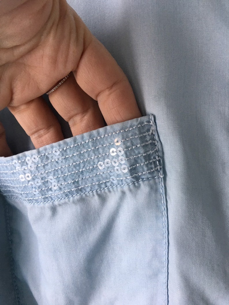 Vintage Blue Shirt Long Button Up Front pocket shirt Long sleeves 90s Boho Hipster Western shirt Ultra soft ECO friendly Lyocell plus Size