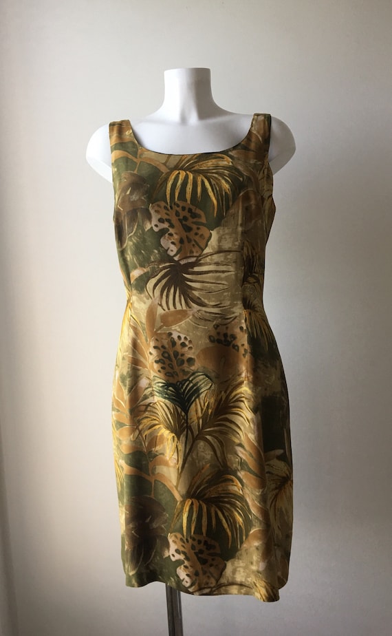 90s sheath dress, Botanical Tropical print,  Rayon