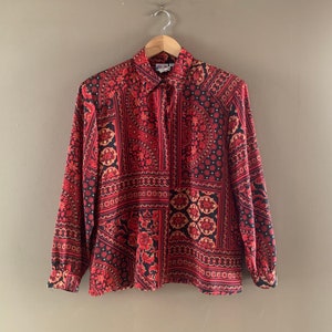 90s  print Blouse, silky, Eastern tribal print top, Button up, Long sleeves ,shoulder pads, chest 44