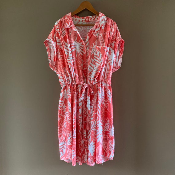 Coral linen dress, size 3X, Tropical print MIDI d… - image 1