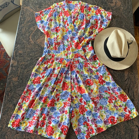Vintage Floral Culotte Dress 80's Split Skirt dr