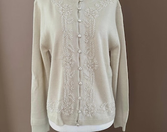 Vintage Beaded Cardigan: Ivory Wool Blend Sweater, Size M