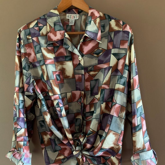 Vintage Silk  blouse, Geometric Stained Glass Sty… - image 2