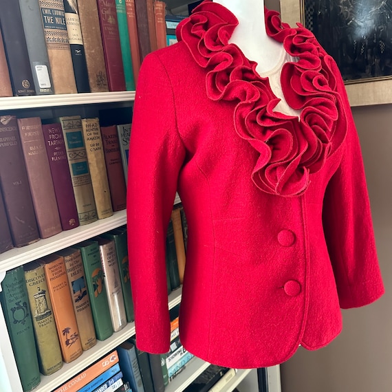Vintage Red Boiled Wool Jacket: Flutter Collar Ho… - image 4