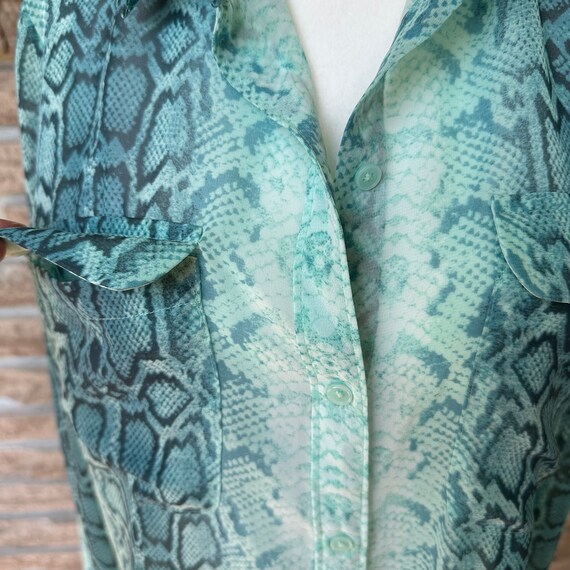 Teal snake print chiffon long blouse, front butto… - image 8