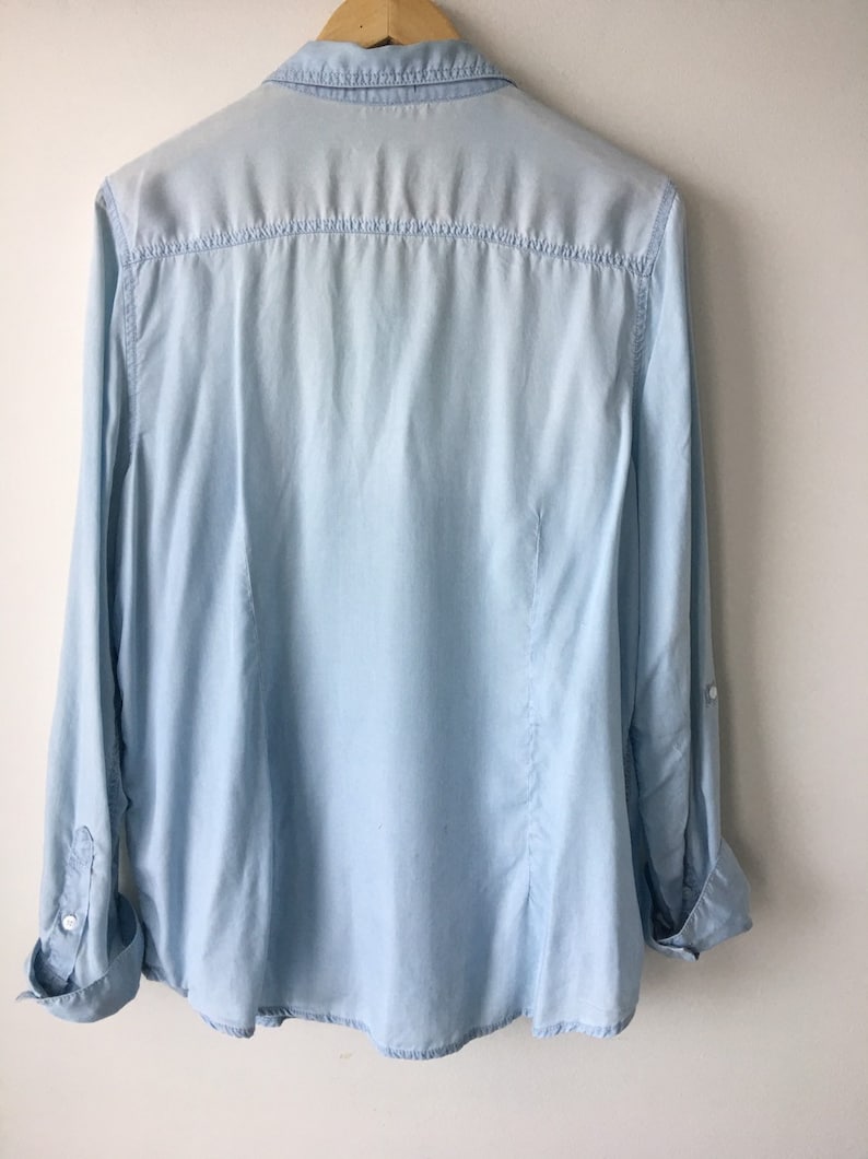 Vintage Blue Shirt Long Button Up Front pocket shirt Long sleeves 90s Boho Hipster Western shirt Ultra soft ECO friendly Lyocell plus Size