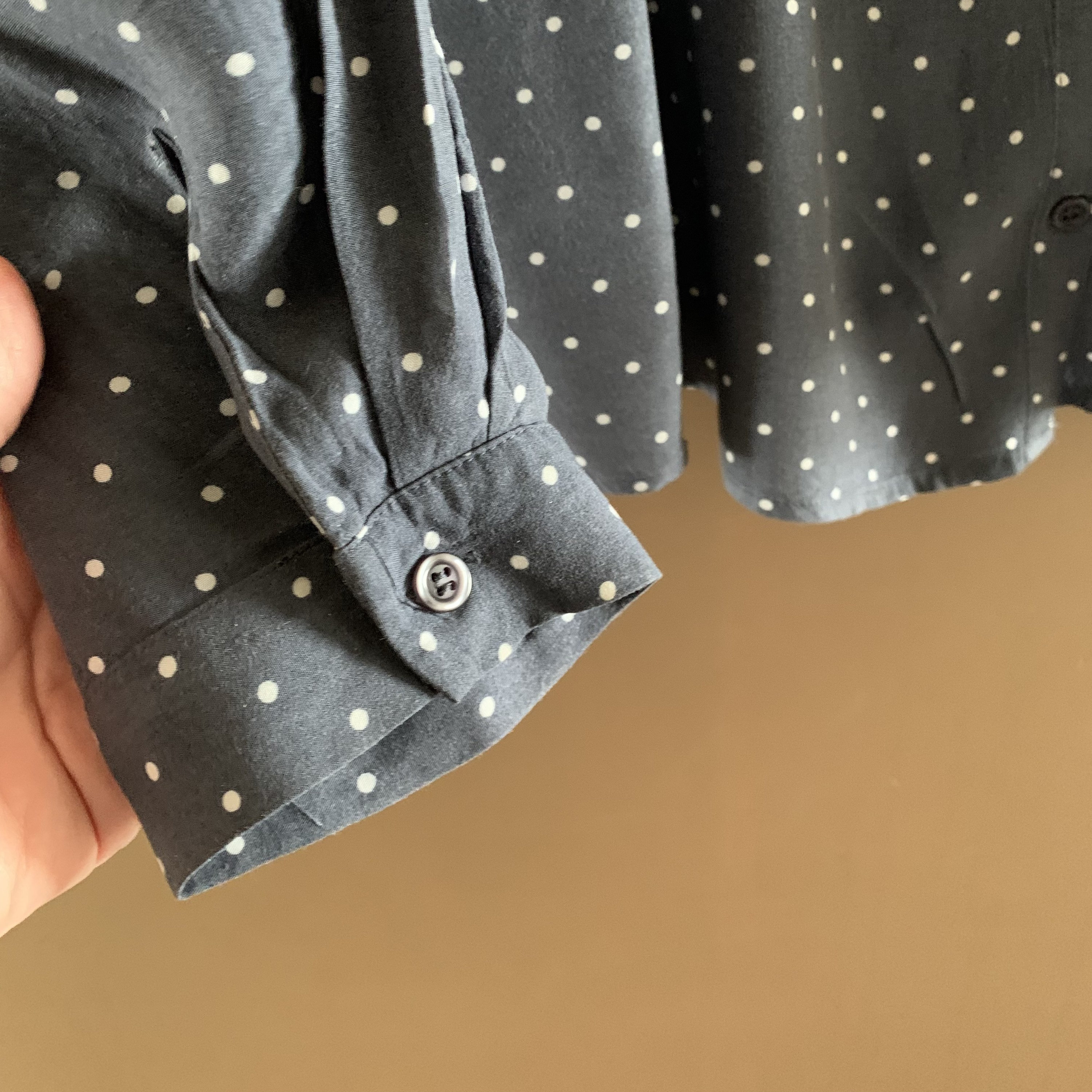 grey polka dot blouse