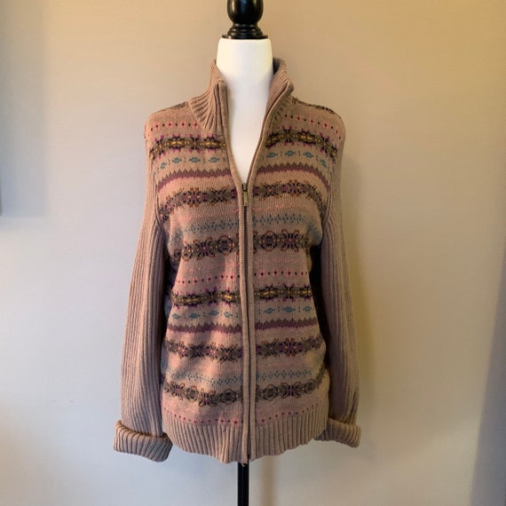IldiVintage Fair Isle Cardigan Sweater, Ralph Lauren Chaps, Soft Cotton Blend, Zipper Front Sweater, Long Sleeves, Chest 40\