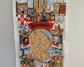 Lincolnshire Cotton Tea Towel Vista dish Towel 1982 Geographical Map Wall hanging  Vintage Tea Towel Made in Britain GIFT
